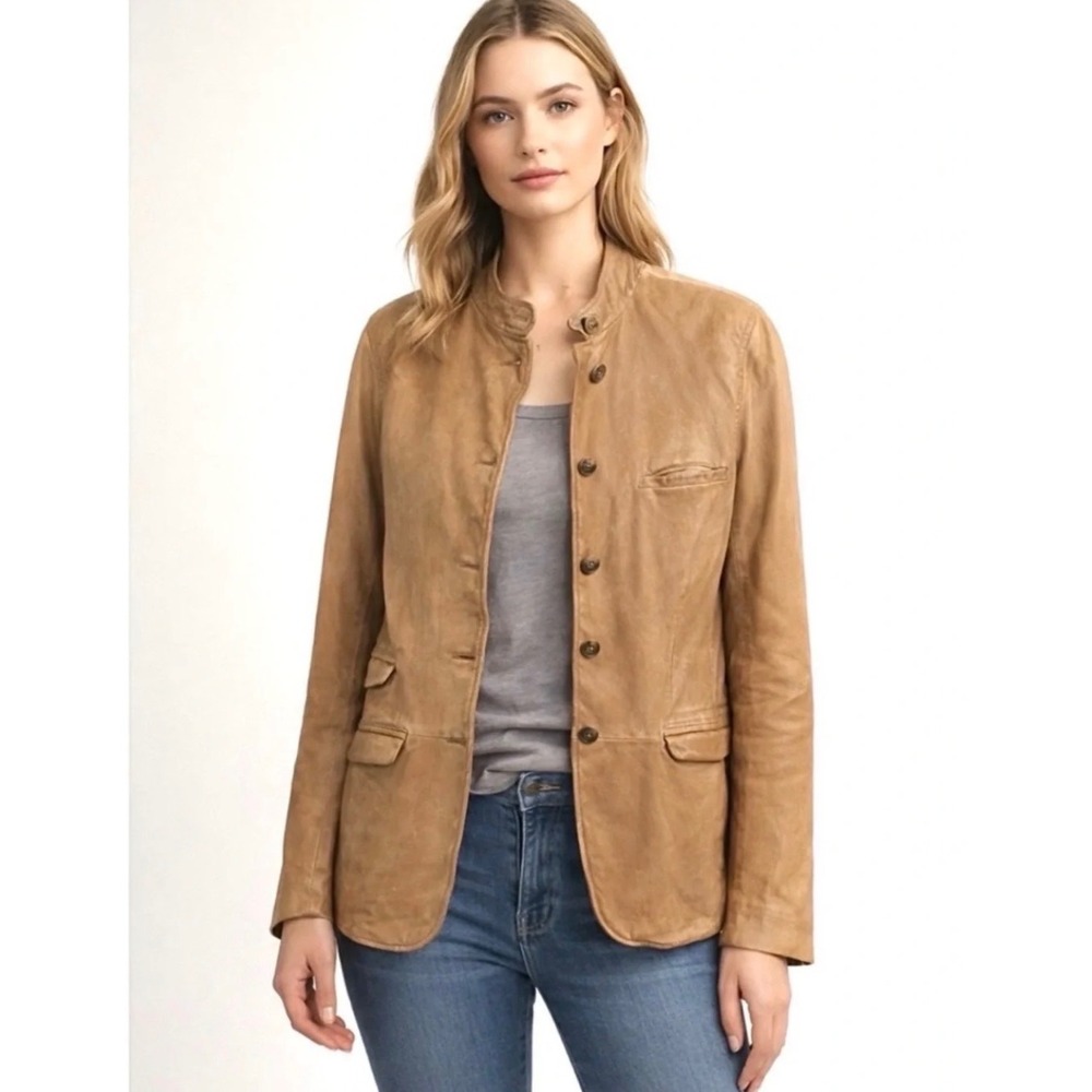 Gap Leather Jacket Women XS Tan Brown Dark Academia Mock Neck Button Blazer